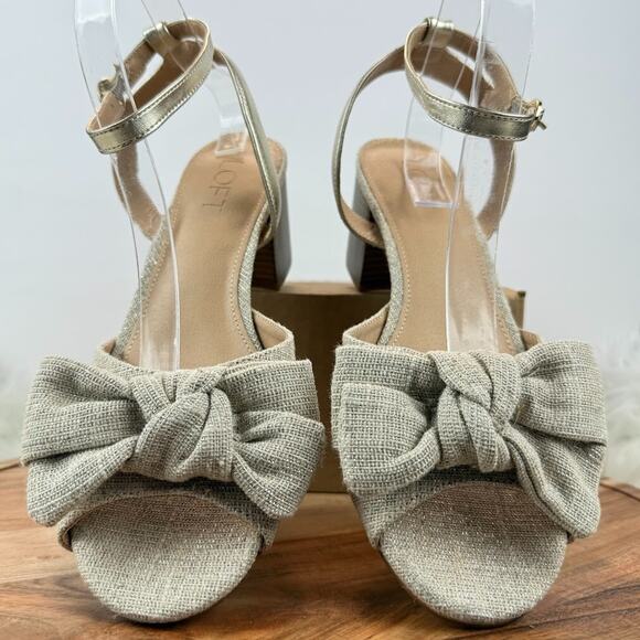 LOFT Beige Woven Bow Block Heel Ankle Strap Sz 9.5M Sandals Gold Shimmer Party - Picture 9 of 12